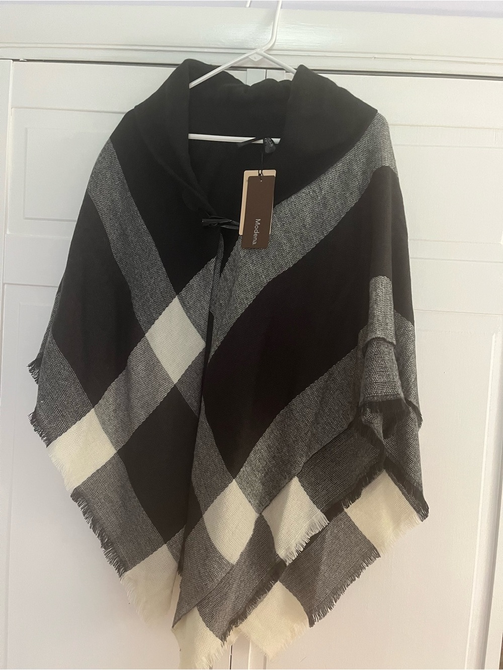 Black and Gray Plaid Hooded Poncho with Toggle Closure